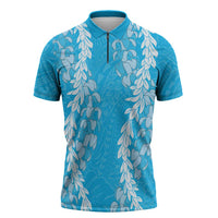 Puakenikeni and Maile Lei Zipper Polo Shirt Blue Double Strand Lei LT9 Blue - Polynesian Pride