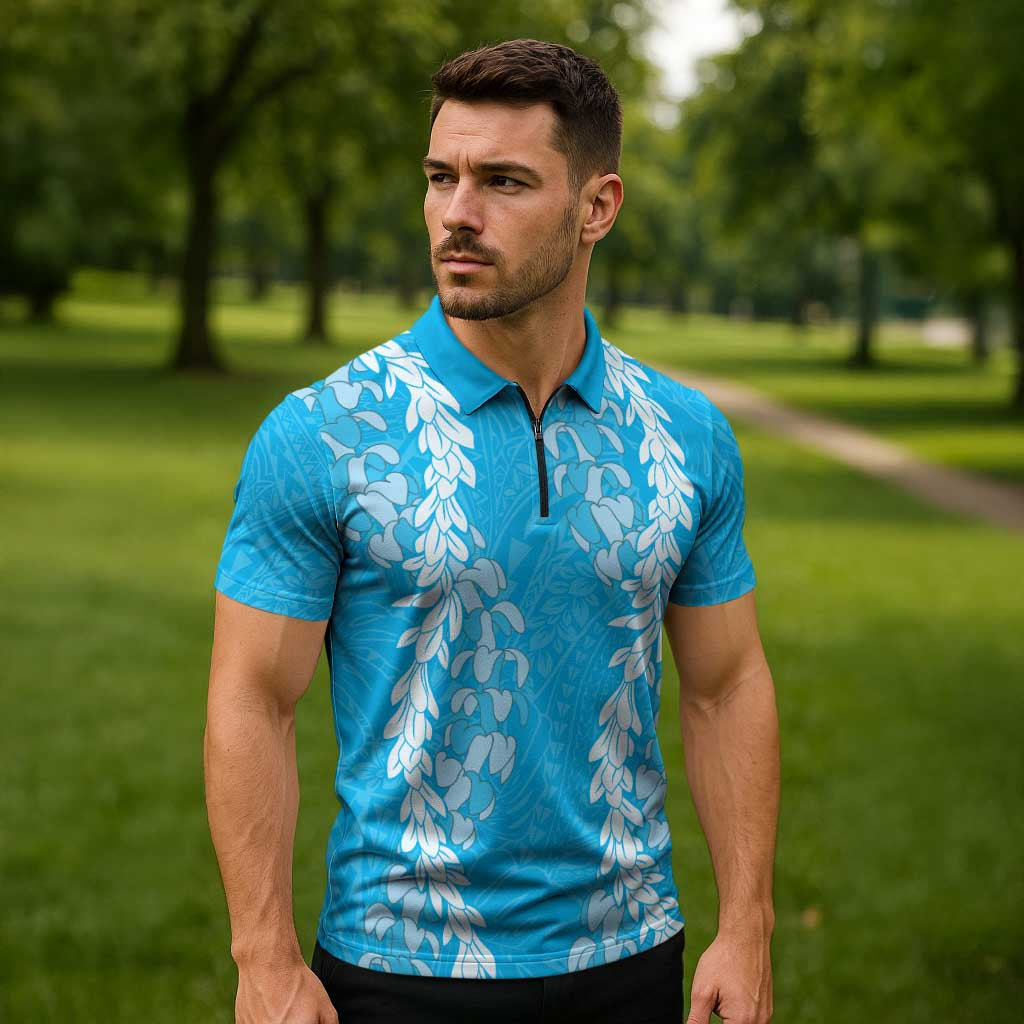 Puakenikeni and Maile Lei Zipper Polo Shirt Blue Double Strand Lei LT9 - Polynesian Pride