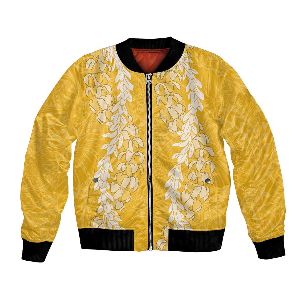 Puakenikeni and Maile Lei Bomber Jacket Gold Double Strand Lei