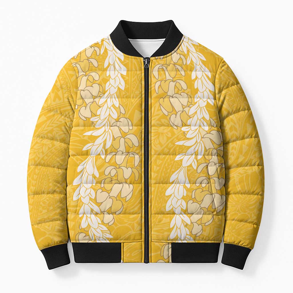 Puakenikeni and Maile Lei Bomber Puffer Jacket Gold Double Strand Lei LT9 Unisex Gold - Polynesian Pride