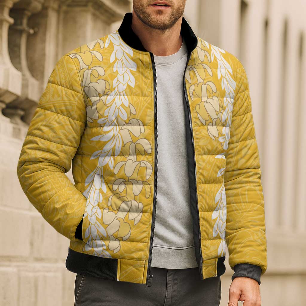 Puakenikeni and Maile Lei Bomber Puffer Jacket Gold Double Strand Lei LT9 - Polynesian Pride