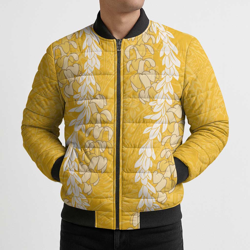 Puakenikeni and Maile Lei Bomber Puffer Jacket Gold Double Strand Lei LT9 - Polynesian Pride