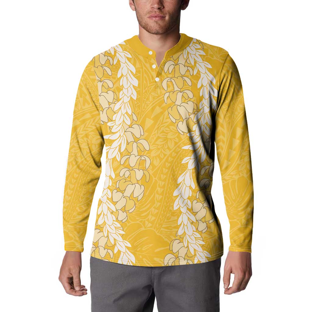 Puakenikeni and Maile Lei Button Sweatshirt Gold Double Strand Lei LT9 - Polynesian Pride
