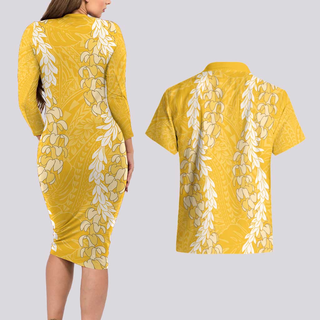 Puakenikeni and Maile Lei Couples Matching Long Sleeve Bodycon Dress and Hawaiian Shirt Gold Double Strand Lei