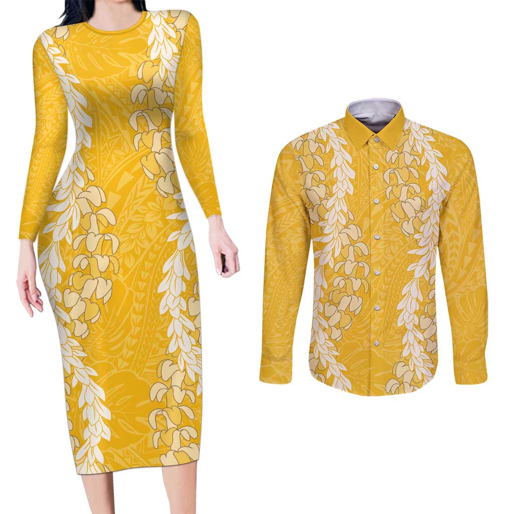 Puakenikeni and Maile Lei Couples Matching Long Sleeve Bodycon Dress and Long Sleeve Button Shirt Gold Double Strand Lei
