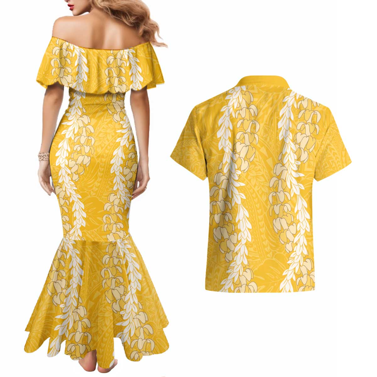 Puakenikeni and Maile Lei Couples Matching Mermaid Dress and Hawaiian Shirt Gold Double Strand Lei