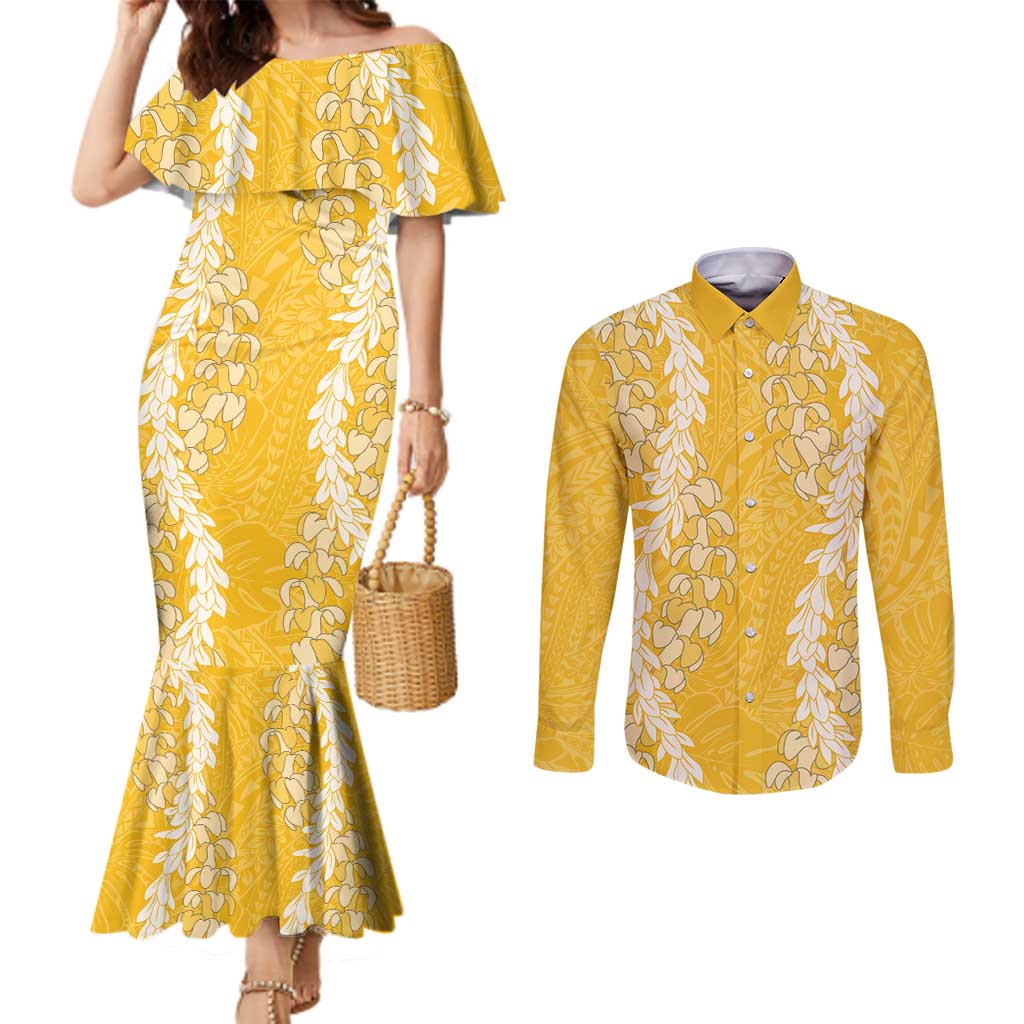 Puakenikeni and Maile Lei Couples Matching Mermaid Dress and Long Sleeve Button Shirt Gold Double Strand Lei