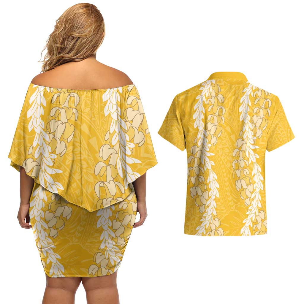 Puakenikeni and Maile Lei Couples Matching Off Shoulder Short Dress and Hawaiian Shirt Gold Double Strand Lei
