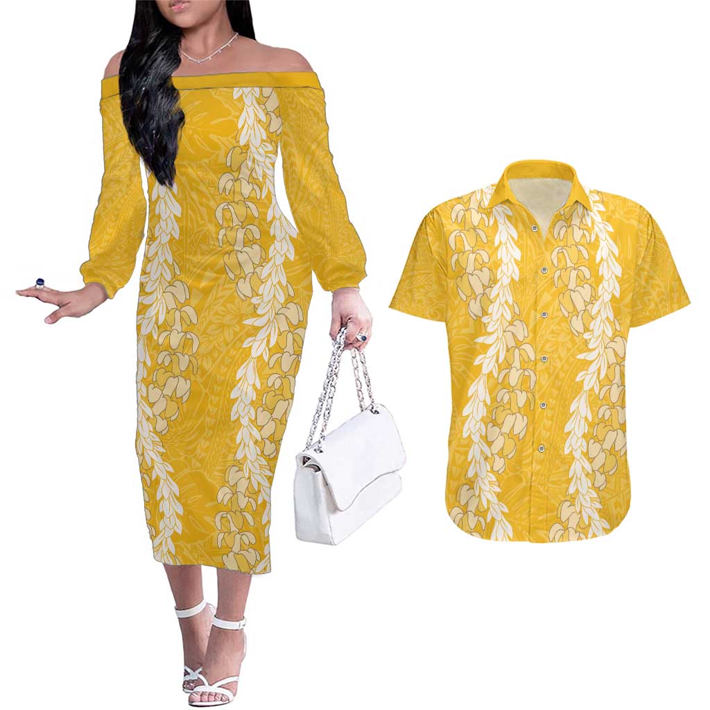 Puakenikeni and Maile Lei Couples Matching Off The Shoulder Long Sleeve Dress and Hawaiian Shirt Gold Double Strand Lei