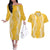 Puakenikeni and Maile Lei Couples Matching Off The Shoulder Long Sleeve Dress and Hawaiian Shirt Gold Double Strand Lei