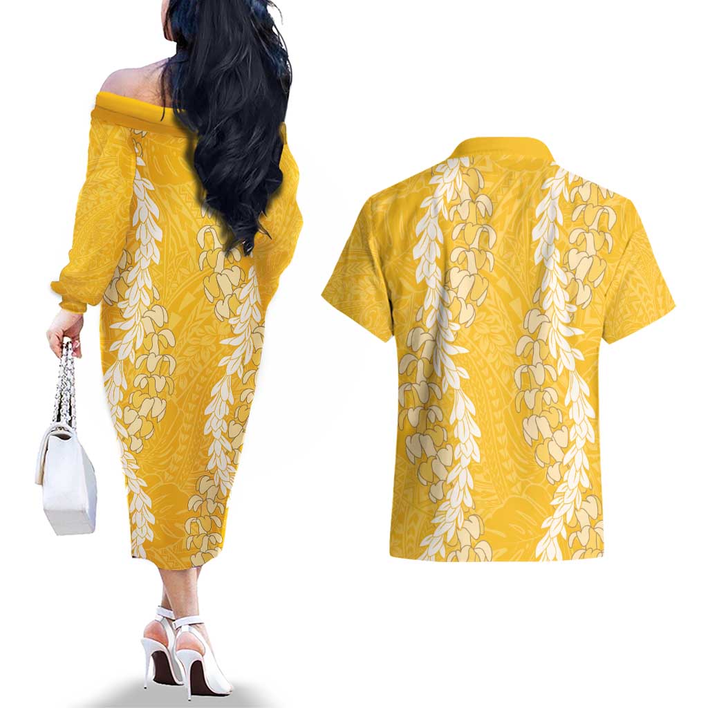 Puakenikeni and Maile Lei Couples Matching Off The Shoulder Long Sleeve Dress and Hawaiian Shirt Gold Double Strand Lei