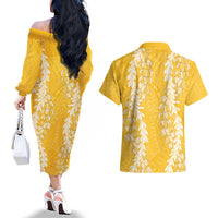 Puakenikeni and Maile Lei Couples Matching Off The Shoulder Long Sleeve Dress and Hawaiian Shirt Gold Double Strand Lei