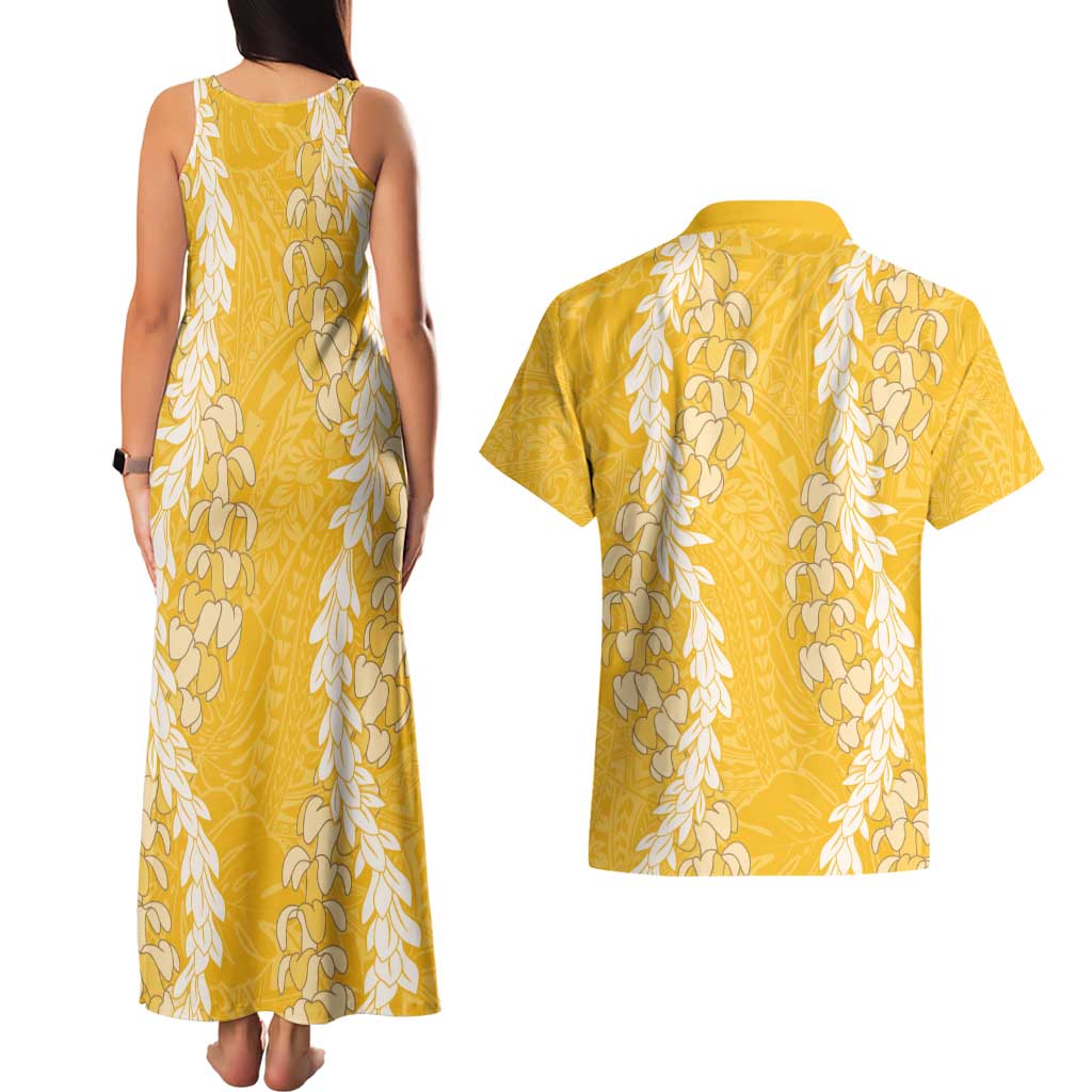 Puakenikeni and Maile Lei Couples Matching Tank Maxi Dress and Hawaiian Shirt Gold Double Strand Lei