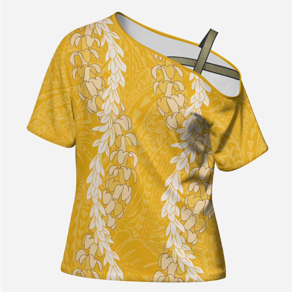 Puakenikeni and Maile Lei Cross Shoulder Shirt Gold Double Strand Lei LT9 Female Gold - Polynesian Pride