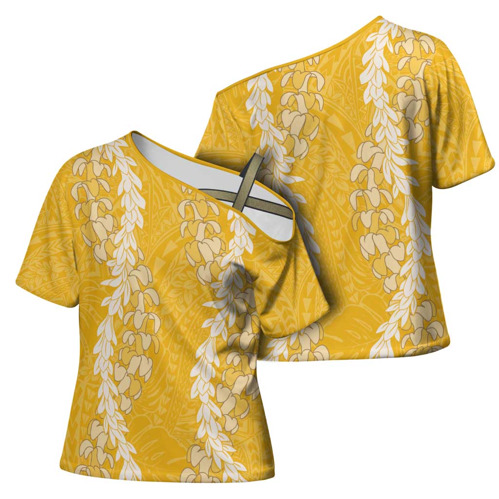 Puakenikeni and Maile Lei Cross Shoulder Shirt Gold Double Strand Lei LT9 - Polynesian Pride