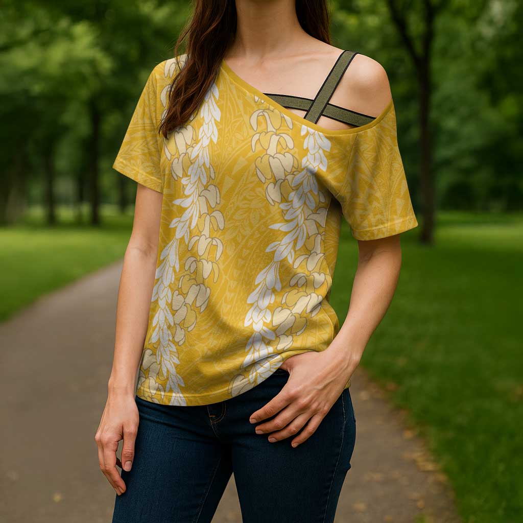 Puakenikeni and Maile Lei Cross Shoulder Shirt Gold Double Strand Lei LT9 - Polynesian Pride