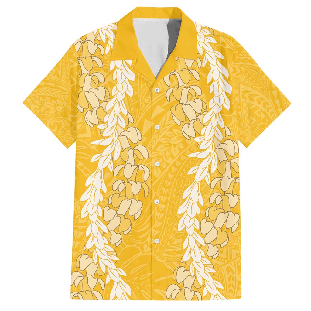 Puakenikeni and Maile Lei Family Matching Long Sleeve Bodycon Dress and Hawaiian Shirt Gold Double Strand Lei