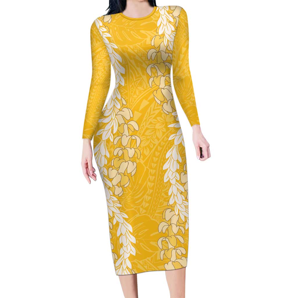 Puakenikeni and Maile Lei Family Matching Long Sleeve Bodycon Dress and Hawaiian Shirt Gold Double Strand Lei