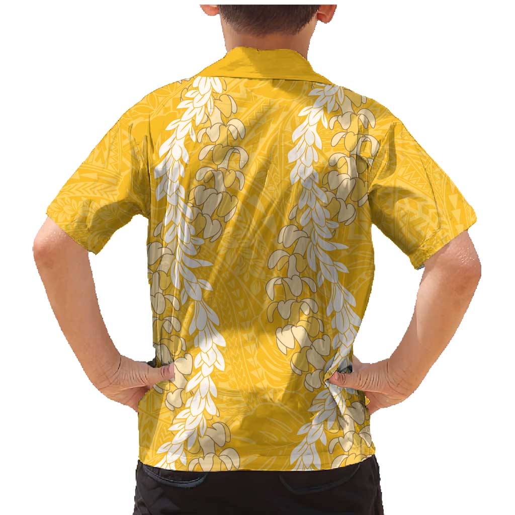 Puakenikeni and Maile Lei Family Matching Mermaid Dress and Hawaiian Shirt Gold Double Strand Lei