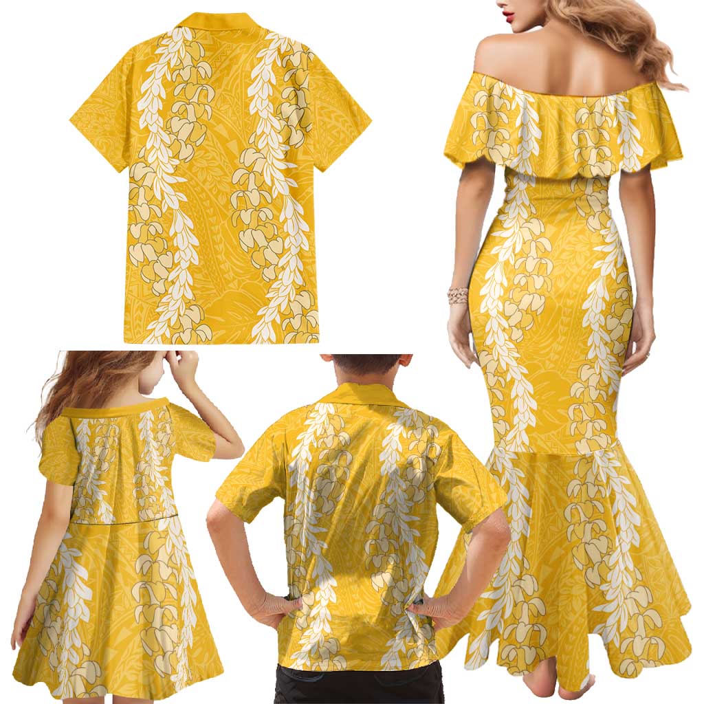Puakenikeni and Maile Lei Family Matching Mermaid Dress and Hawaiian Shirt Gold Double Strand Lei