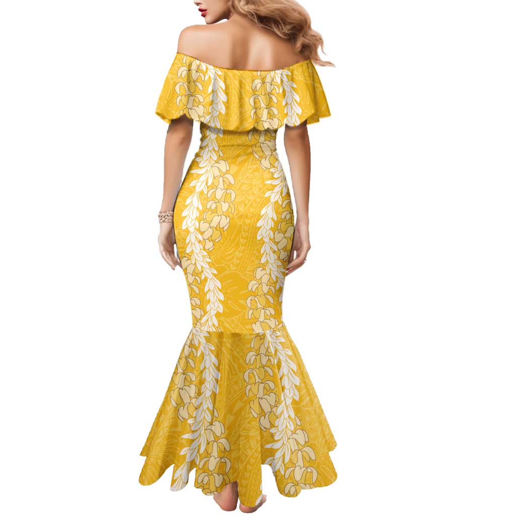 Puakenikeni and Maile Lei Family Matching Mermaid Dress and Hawaiian Shirt Gold Double Strand Lei