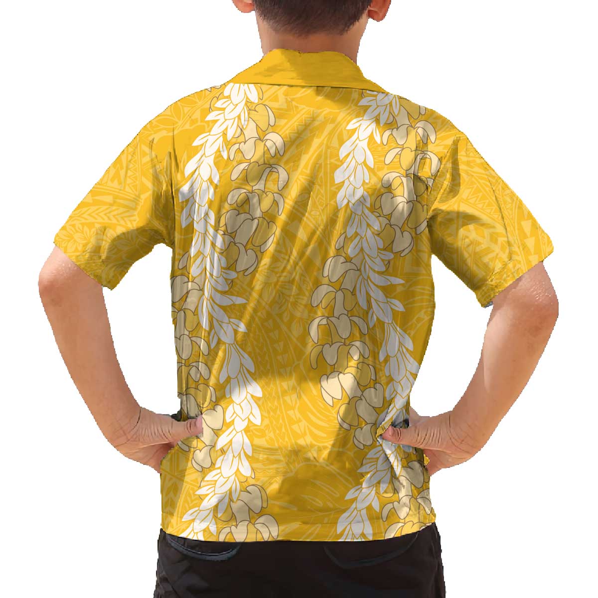 Puakenikeni and Maile Lei Family Matching Off The Shoulder Long Sleeve Dress and Hawaiian Shirt Gold Double Strand Lei