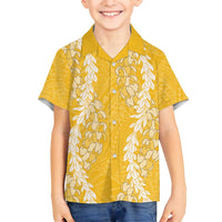 Puakenikeni and Maile Lei Family Matching Off Shoulder Maxi Dress and Hawaiian Shirt Gold Double Strand Lei
