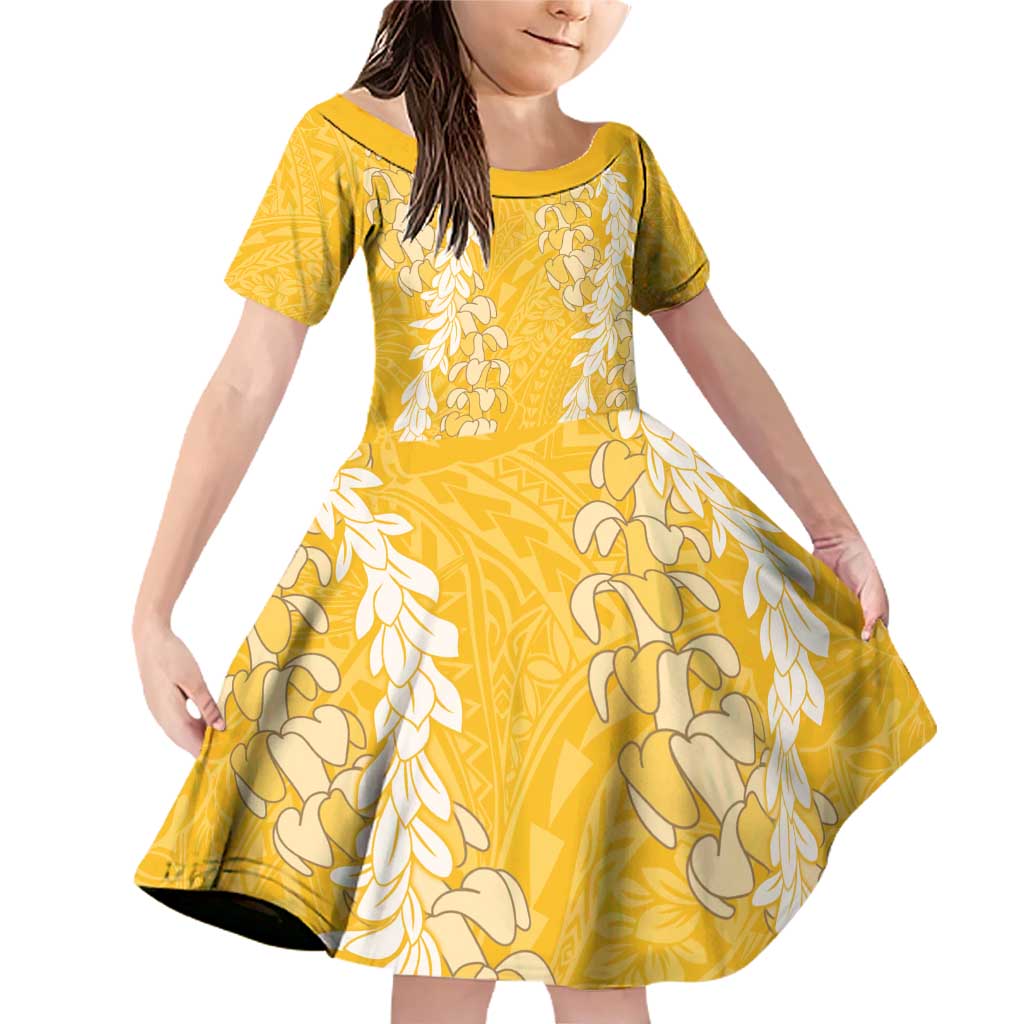 Puakenikeni and Maile Lei Family Matching Off Shoulder Short Dress and Hawaiian Shirt Gold Double Strand Lei
