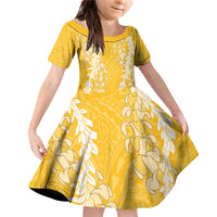 Puakenikeni and Maile Lei Family Matching Off Shoulder Short Dress and Hawaiian Shirt Gold Double Strand Lei