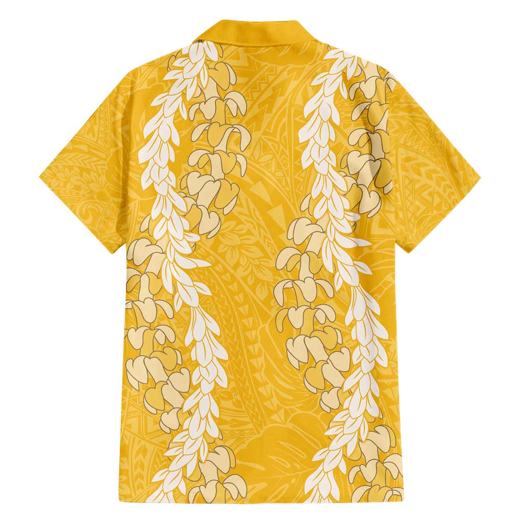 Puakenikeni and Maile Lei Family Matching Off Shoulder Short Dress and Hawaiian Shirt Gold Double Strand Lei