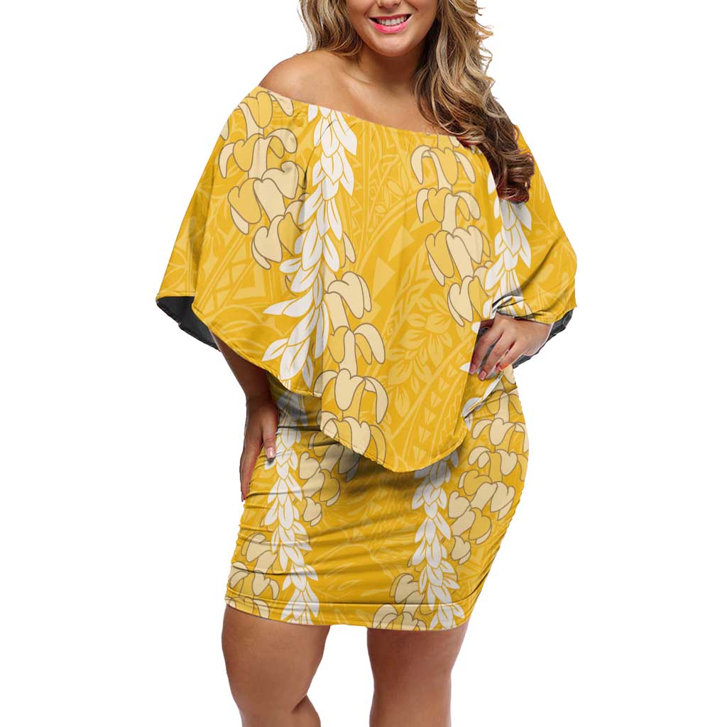 Puakenikeni and Maile Lei Family Matching Off Shoulder Short Dress and Hawaiian Shirt Gold Double Strand Lei
