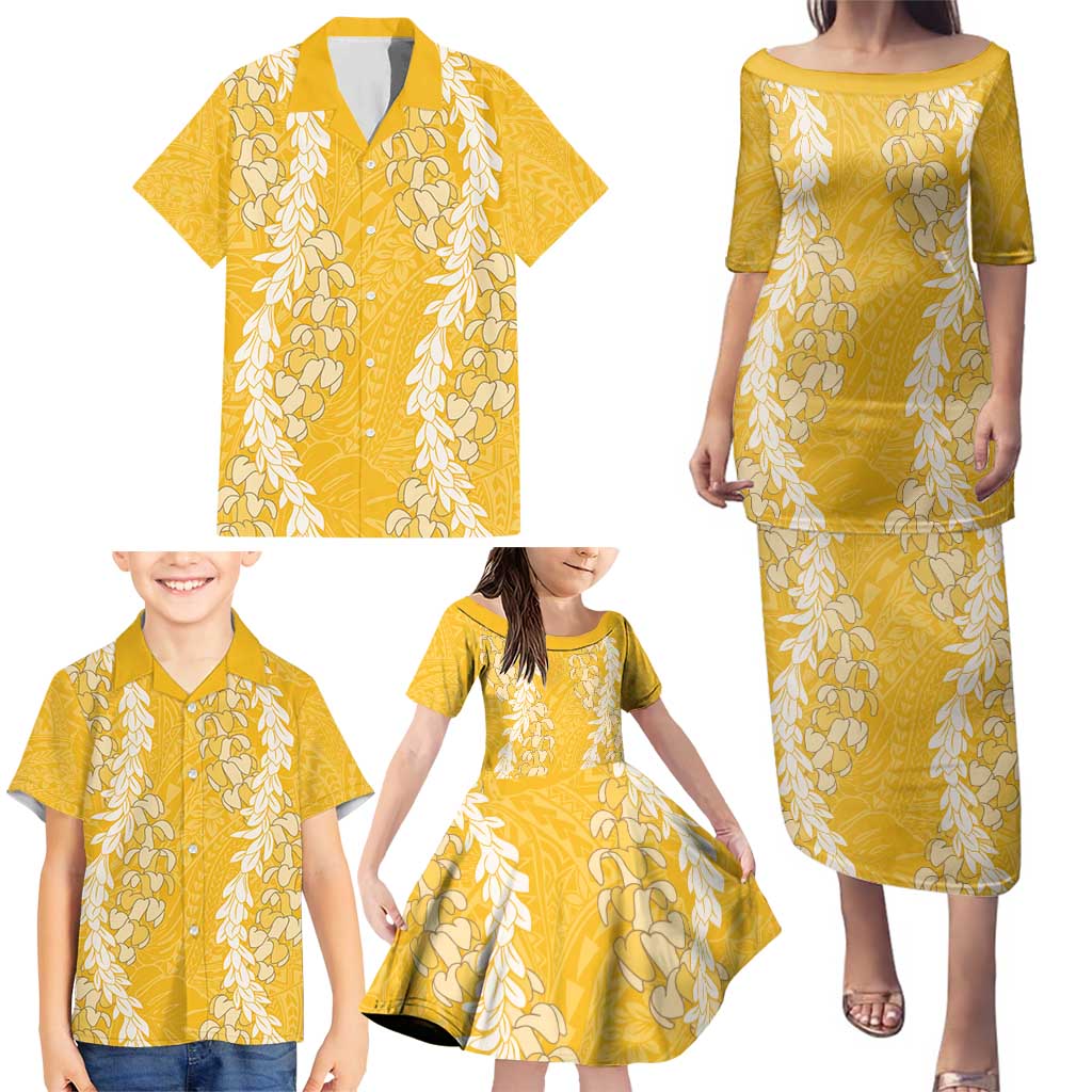 Puakenikeni and Maile Lei Family Matching Puletasi and Hawaiian Shirt Gold Double Strand Lei
