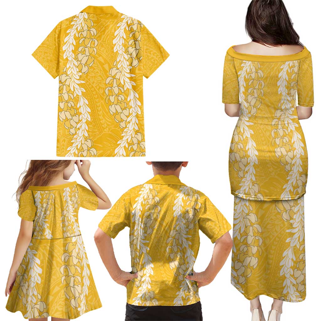 Puakenikeni and Maile Lei Family Matching Puletasi and Hawaiian Shirt Gold Double Strand Lei