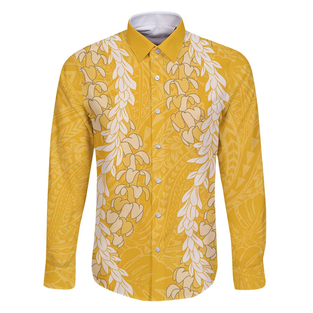 Puakenikeni and Maile Lei Family Matching Puletasi and Hawaiian Shirt Gold Double Strand Lei