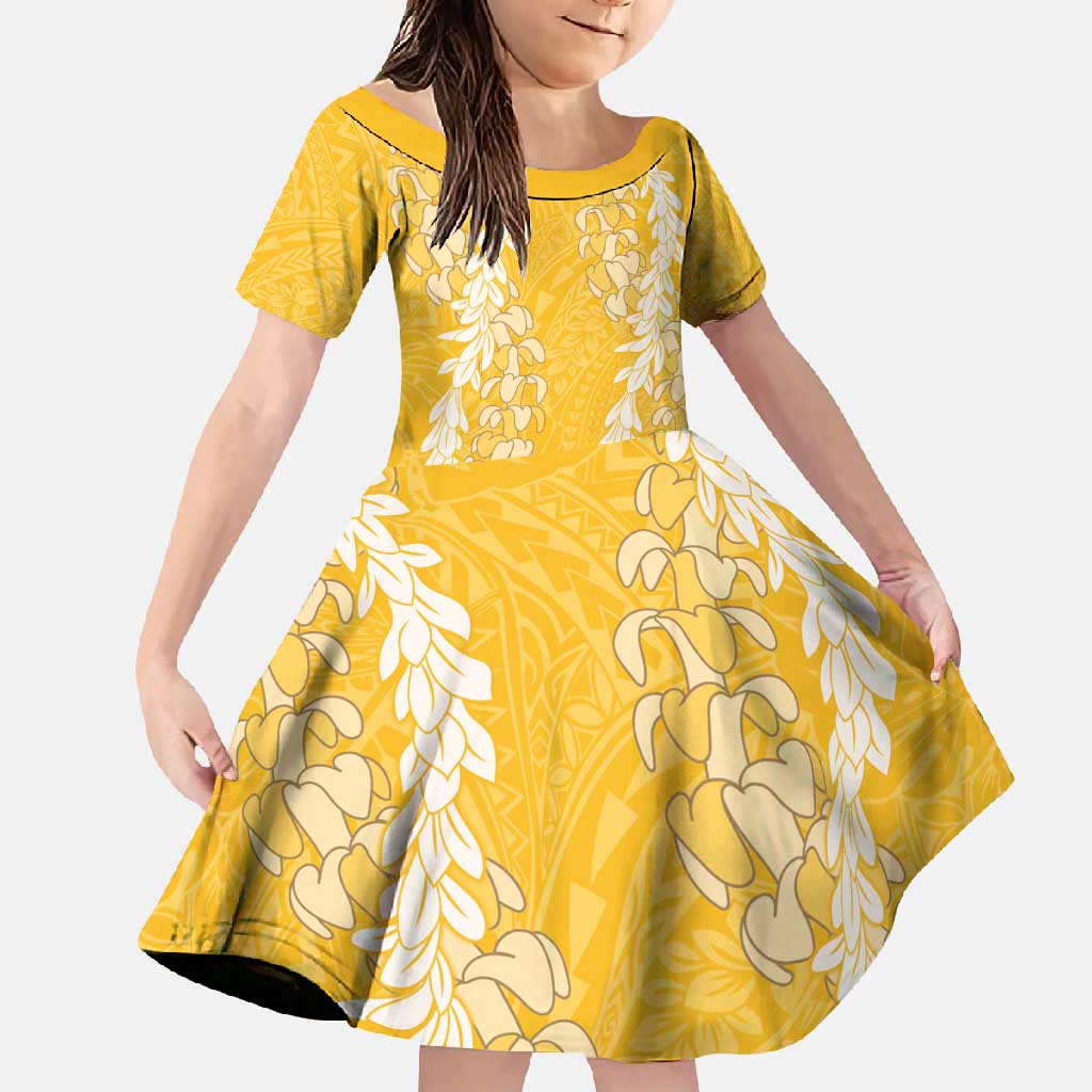 Puakenikeni and Maile Lei Family Matching Short Sleeve Bodycon Dress and Hawaiian Shirt Gold Double Strand Lei