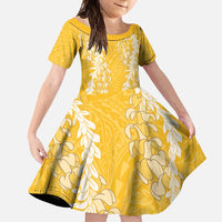 Puakenikeni and Maile Lei Family Matching Short Sleeve Bodycon Dress and Hawaiian Shirt Gold Double Strand Lei