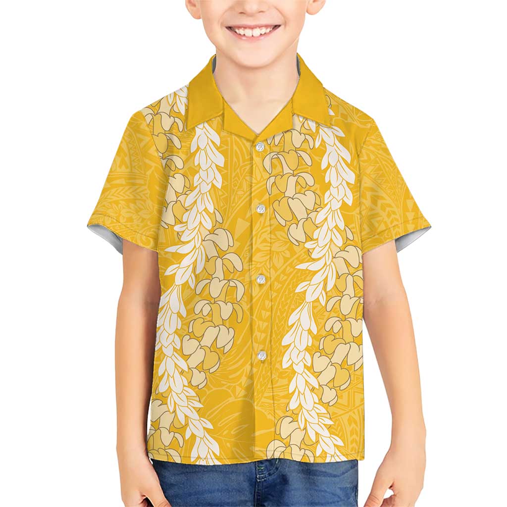 Puakenikeni and Maile Lei Family Matching Short Sleeve Bodycon Dress and Hawaiian Shirt Gold Double Strand Lei