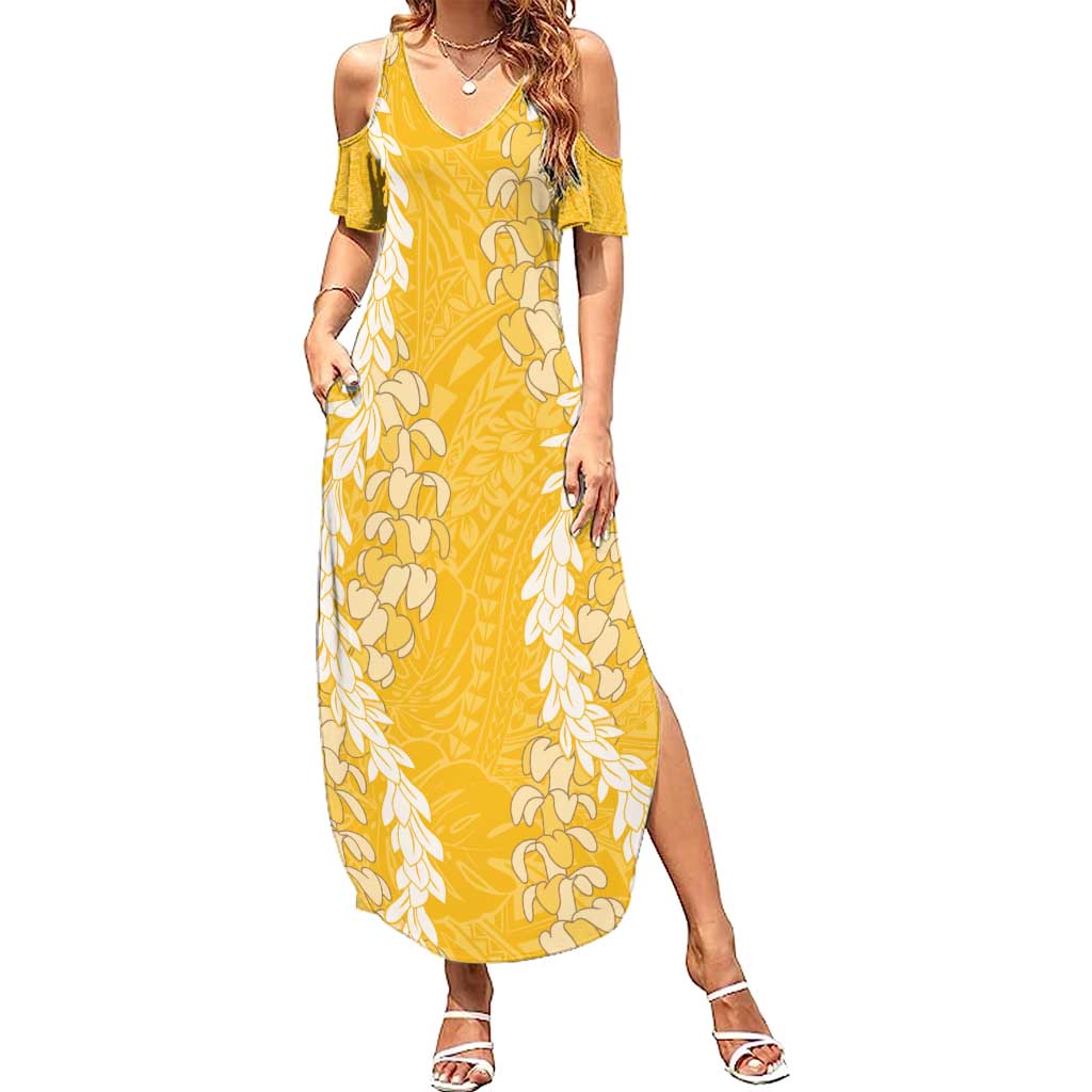 Puakenikeni and Maile Lei Family Matching Summer Maxi Dress and Hawaiian Shirt Gold Double Strand Lei