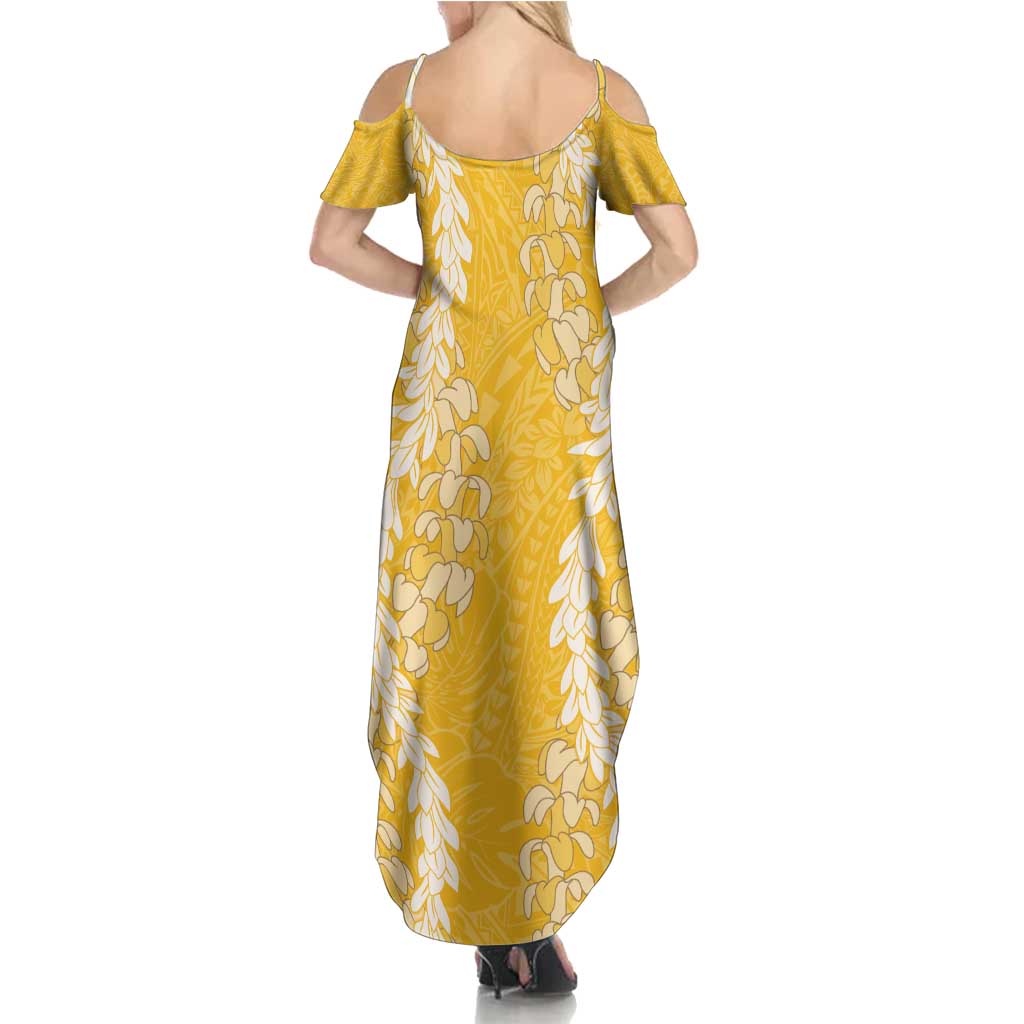 Puakenikeni and Maile Lei Family Matching Summer Maxi Dress and Hawaiian Shirt Gold Double Strand Lei