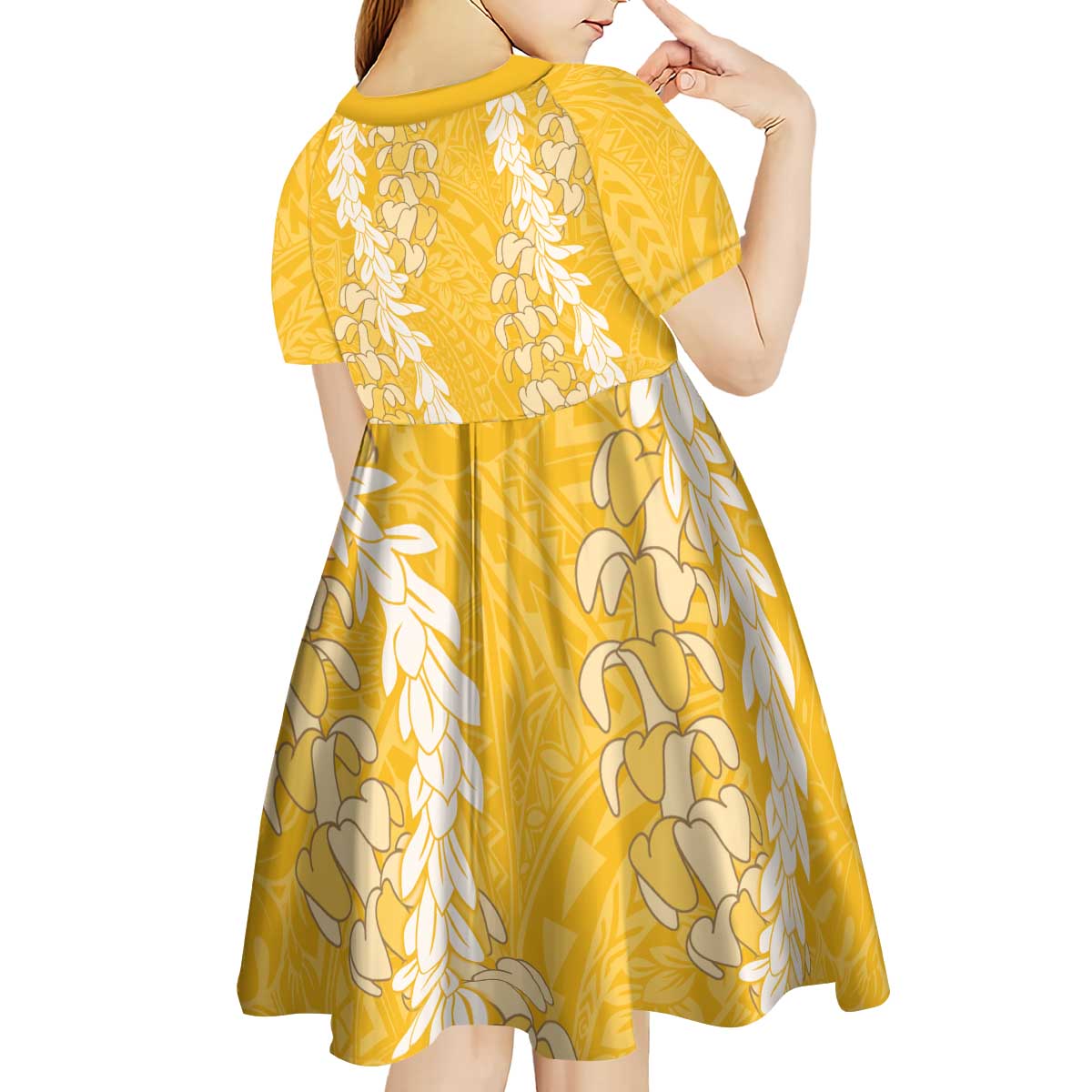 Puakenikeni and Maile Lei Kid Short Sleeve Dress - Gold Double Strand Lei LT9 - Polynesian Pride