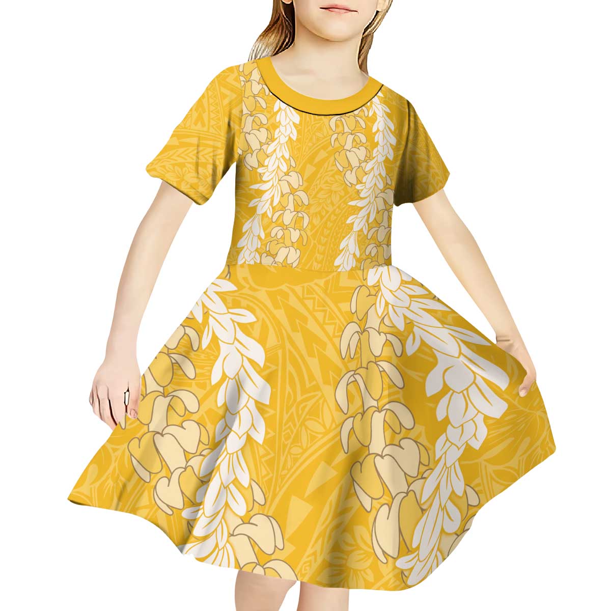 Puakenikeni and Maile Lei Kid Short Sleeve Dress - Gold Double Strand Lei LT9 - Polynesian Pride