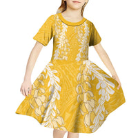 Puakenikeni and Maile Lei Kid Short Sleeve Dress - Gold Double Strand Lei LT9 - Polynesian Pride