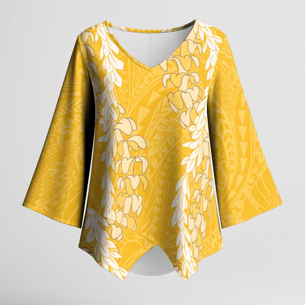 Puakenikeni and Maile Lei Kimono Sleeve Blouse Gold Double Strand Lei LT9 Female Gold - Polynesian Pride