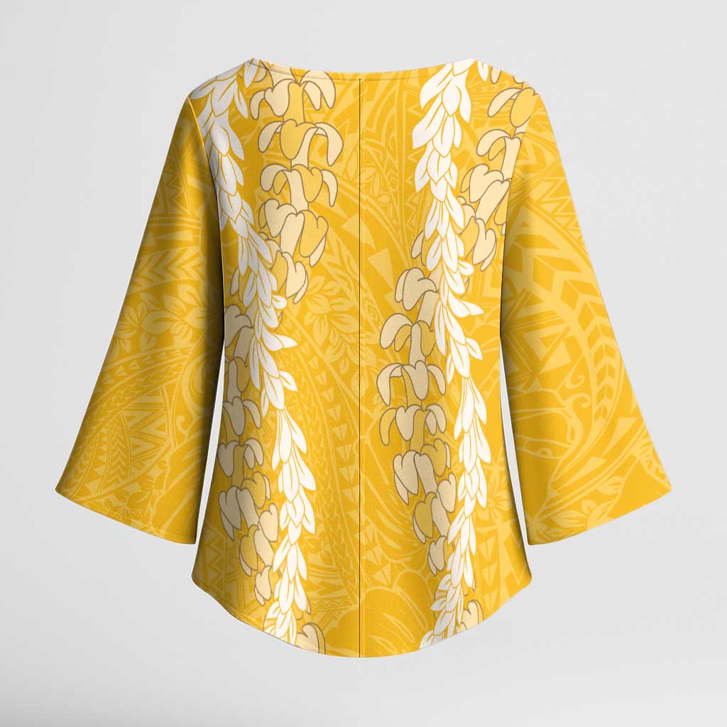 Puakenikeni and Maile Lei Kimono Sleeve Blouse Gold Double Strand Lei LT9 - Polynesian Pride