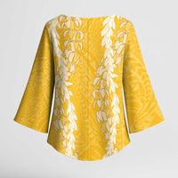 Puakenikeni and Maile Lei Kimono Sleeve Blouse Gold Double Strand Lei LT9 - Polynesian Pride