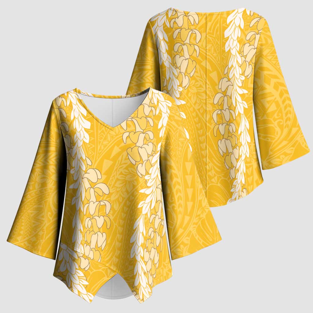 Puakenikeni and Maile Lei Kimono Sleeve Blouse Gold Double Strand Lei LT9 - Polynesian Pride
