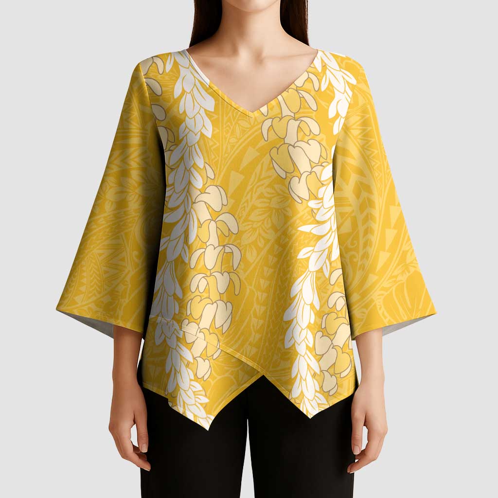 Puakenikeni and Maile Lei Kimono Sleeve Blouse Gold Double Strand Lei LT9 - Polynesian Pride