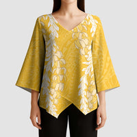 Puakenikeni and Maile Lei Kimono Sleeve Blouse Gold Double Strand Lei LT9 - Polynesian Pride