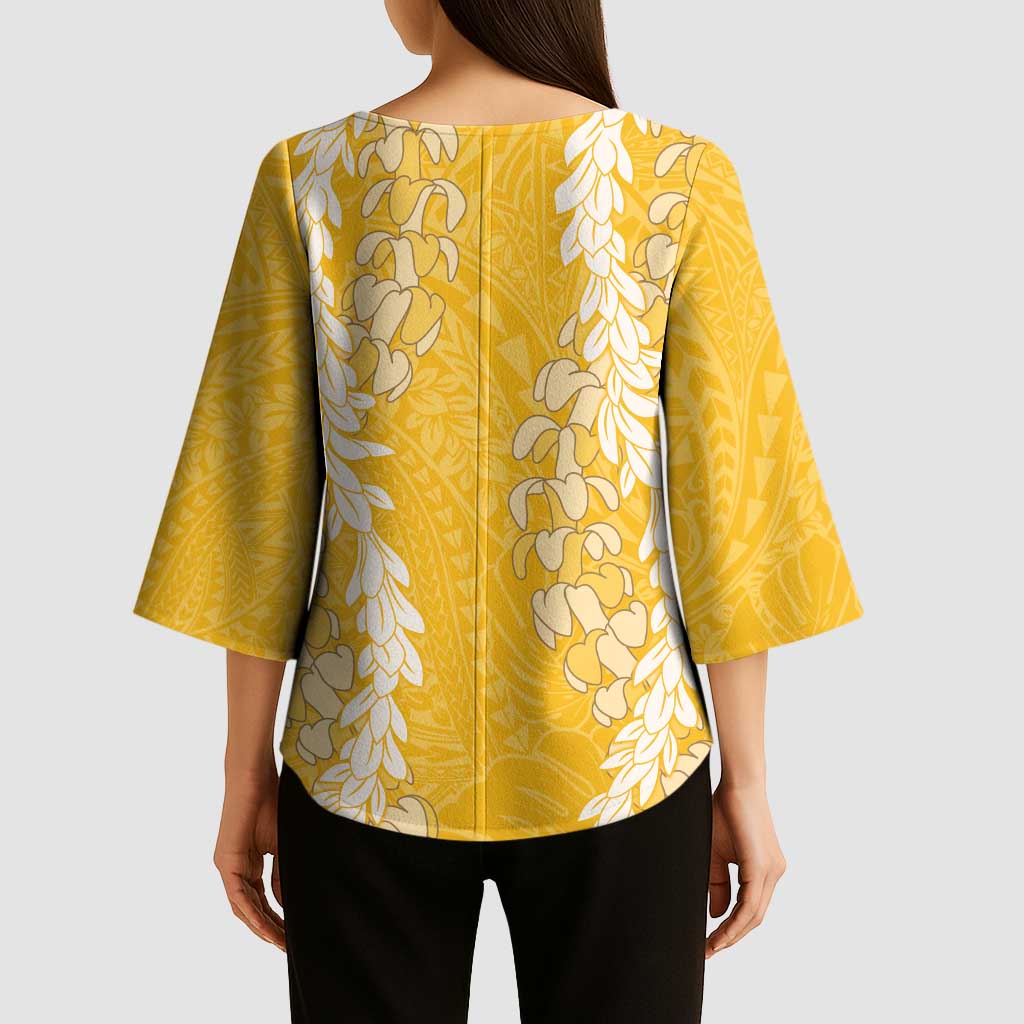 Puakenikeni and Maile Lei Kimono Sleeve Blouse Gold Double Strand Lei LT9 - Polynesian Pride