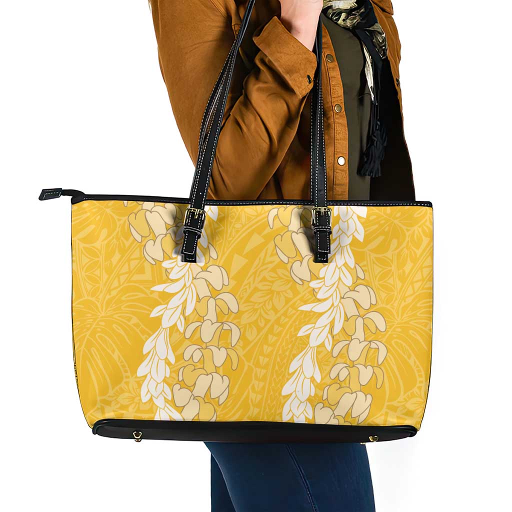 Puakenikeni and Maile Lei Leather Tote Bag Gold Double Strand Lei